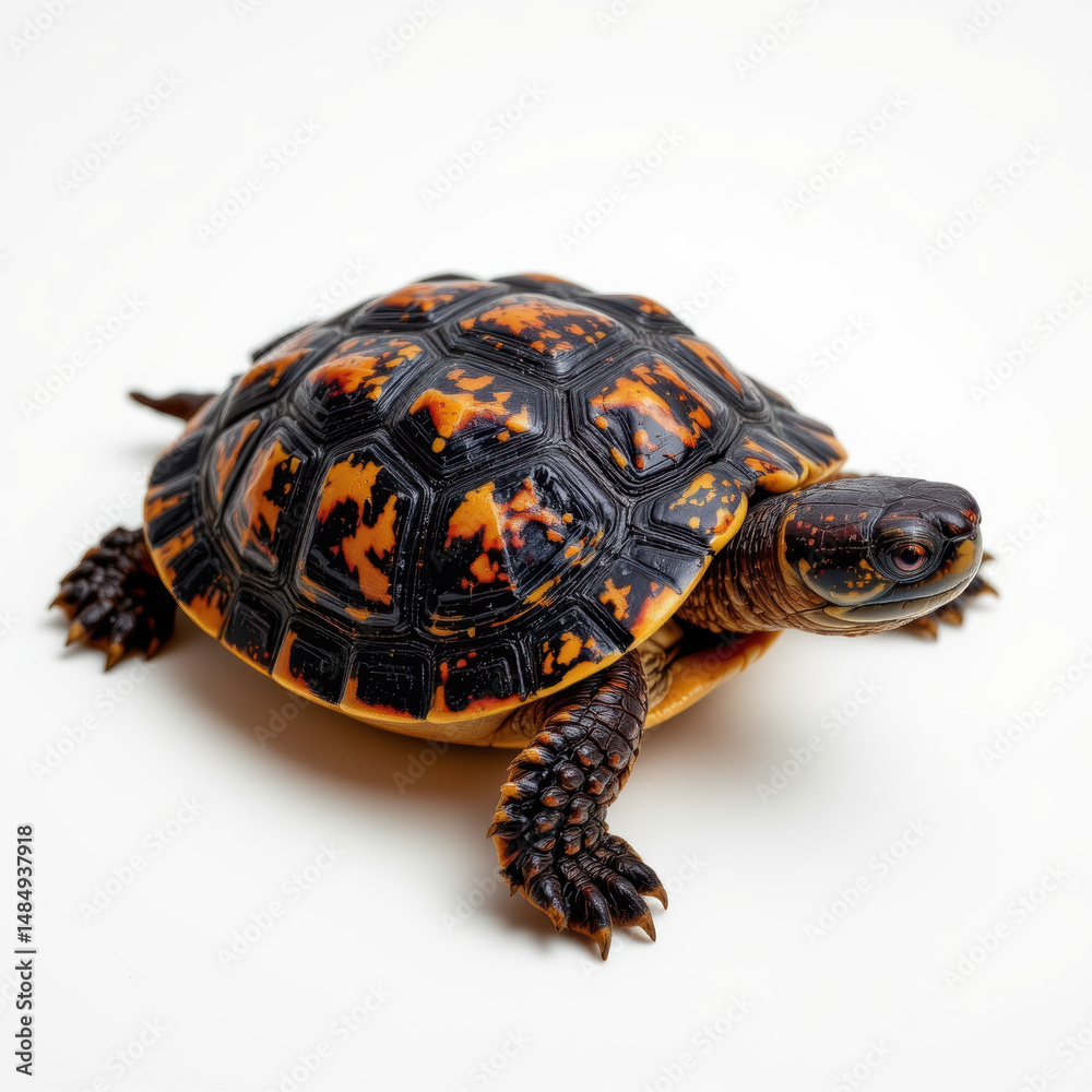 Obraz premium Close up of small turtle with black and orange patterned shell and skin, positioned plain white background, showcasing its detailed textured shell and limbs, evoking sense of curiosity