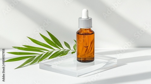 Amber Serum Bottle on Acrylic Slab with Plant Leaves