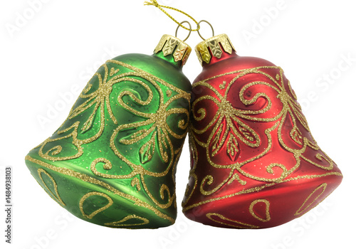 赤と緑のベルのクリスマスの飾り 透明な背景の金色のきらめきで輝く美しい装飾品がお祝いの季節感を醸し出すお祝いの光景