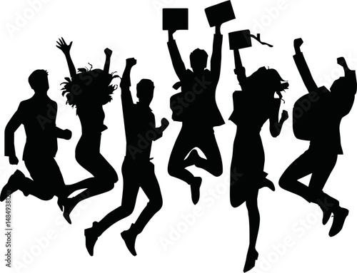 Vector silhouette of a group of young professionals jumping or celebrating together, startup team success, minimal black shapes, for business and innovation themes