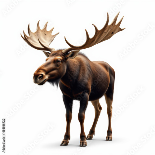 Wallpaper Mural Realistic moose with large antlers standing on white background, showcasing detailed fur and impressive antler structure, evoking sense of wilderness and strength Torontodigital.ca