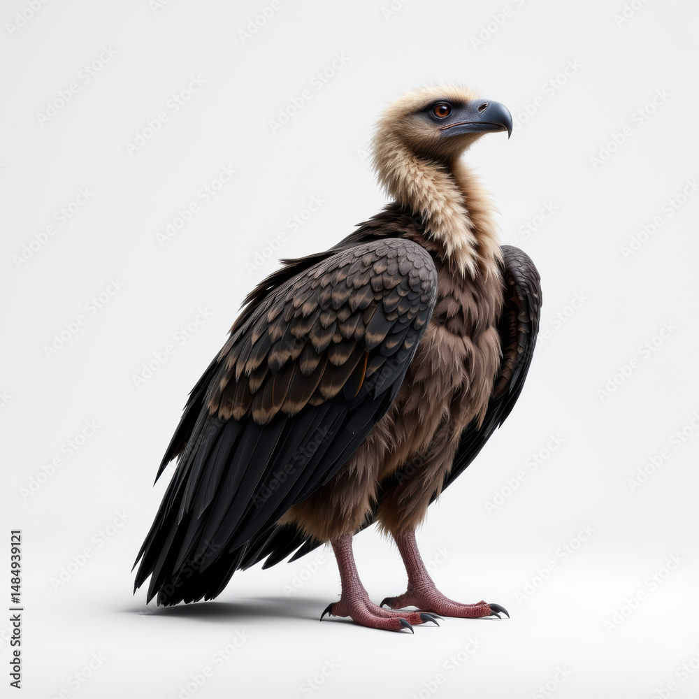 Obraz premium Detailed image of vulture with strong beak and feathered body, standing on plain background, showcasing its majestic and powerful appearance, evoking sense of wilderness and nature predator