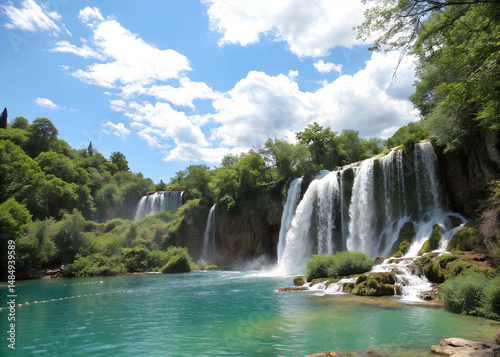 A beautiful waterfall surrounded by trees and a clear blue river. The water is calm and peaceful. A photo of a natural waterfall with multiple cascades of water flowing down the rocky cliff face.