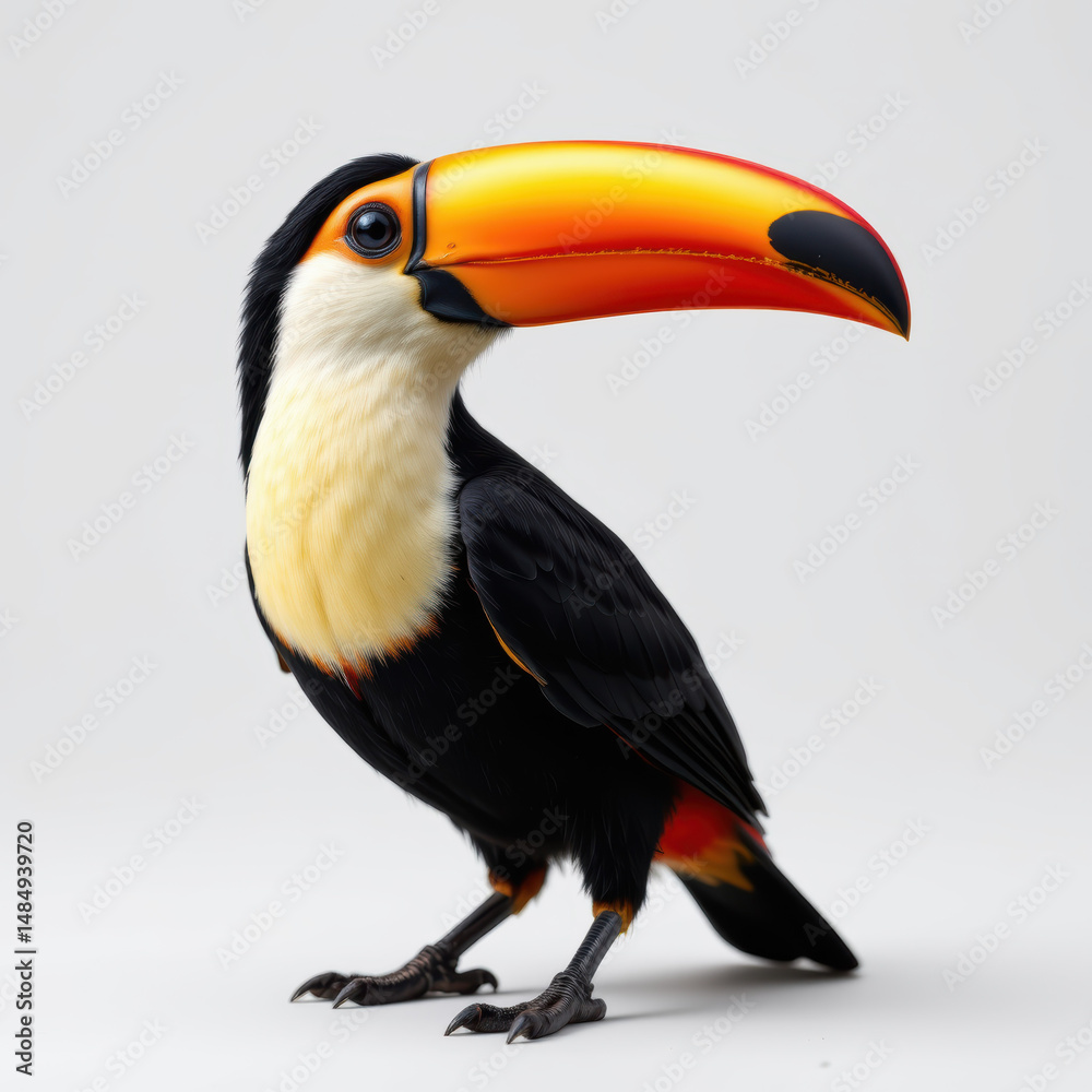 Naklejka premium Colorful toucan with large orange beak and black and white feathers standing white background, showcasing its vibrant plumage and striking appearance, evoking sense of exotic wildlife and nature