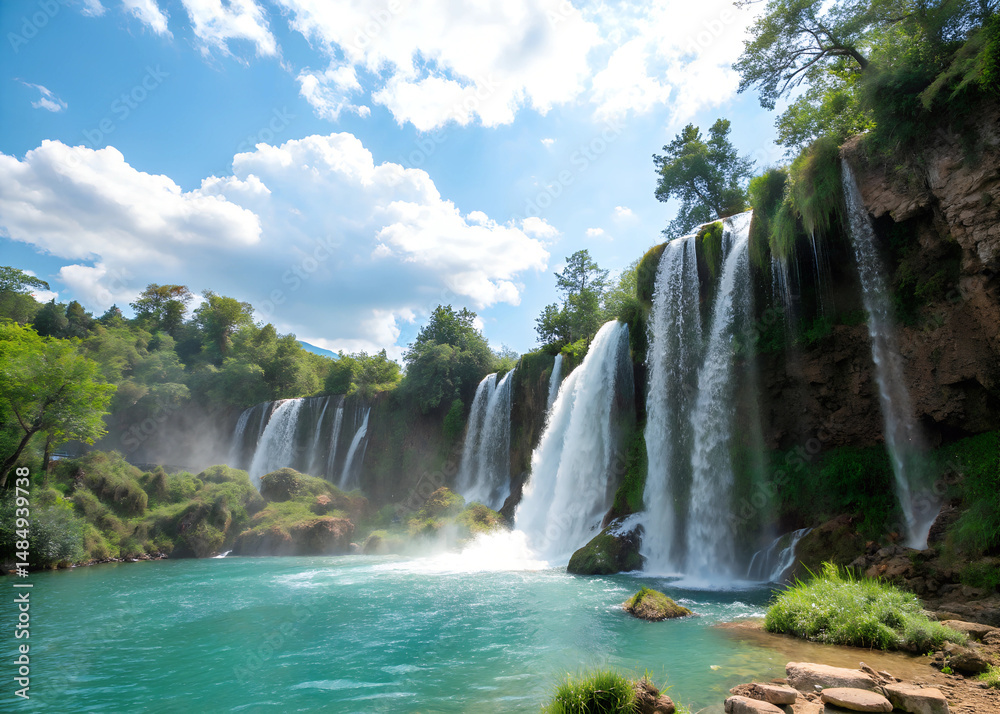Fototapeta premium A beautiful waterfall surrounded by trees and a clear blue river. The water is calm and peaceful. A photo of a natural waterfall with multiple cascades of water flowing down the rocky cliff face.