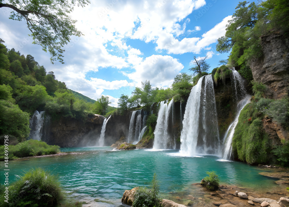 Obraz premium A beautiful waterfall surrounded by trees and a clear blue river. The water is calm and peaceful. A photo of a natural waterfall with multiple cascades of water flowing down the rocky cliff face.
