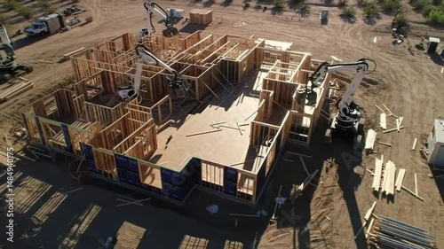 Robots building modern home using automated construction technology – future of smart housing and building innovation

