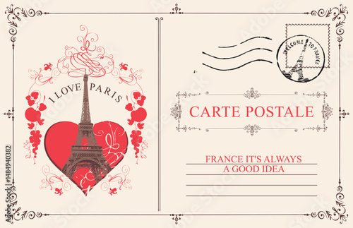 Vector travel, greeting card with heart sign, Eiffel Tower in Paris, France. Or vintage style postal envelope with pink roses and words I love Paris. Valentine on Valentine's Day. No AI used