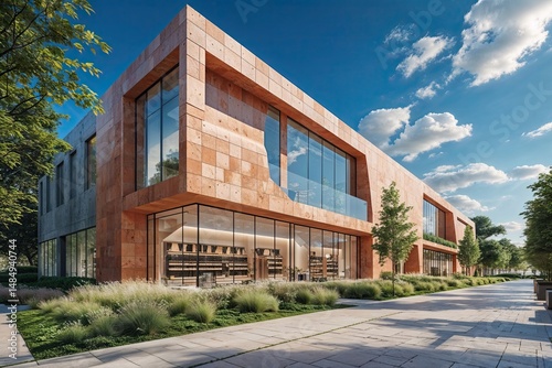 Stylish Ceramic Structure with Glass Features Nestled in Lush Greenery Under Vibrant Blue Sky in Busy Retail Setting
