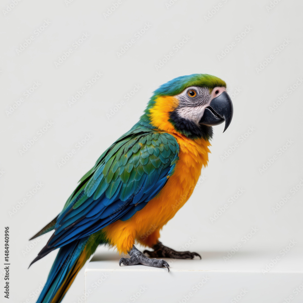 Fototapeta premium Colorful parrot with vibrant green, blue, yellow, and orange feathers perched on white surface, showing lively and cheerful expression against plain background