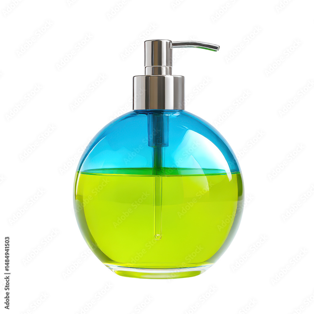 Fototapeta premium Soap dispenser with blue top and green liquid filling on transparent background