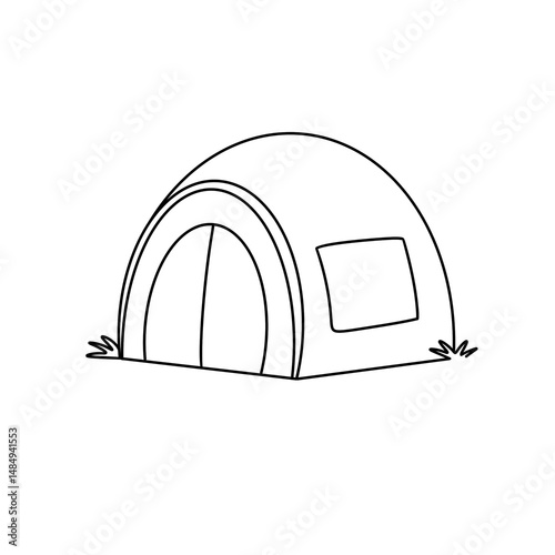 A tent is drawn in black and white