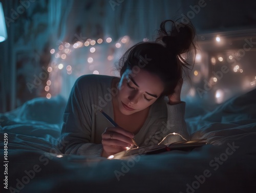 Relaxing Bedtime Journaling under Warm Fairy Lights
