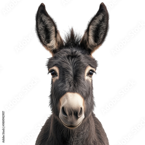 A gentle donkey with kind eyes looks directly forward connecting soulfully on transparent background