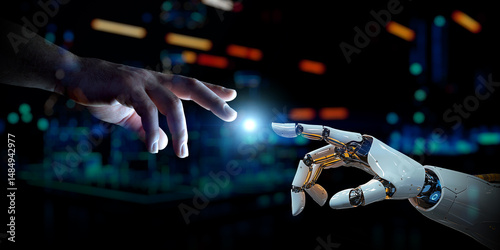 Wallpaper Mural Man hand connecting to a robot on dark tech background with a blue halo at center. Generative ai cyborg hand Torontodigital.ca