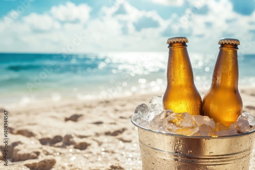 Cold Beer Bottles in Ice Bucket on Beach