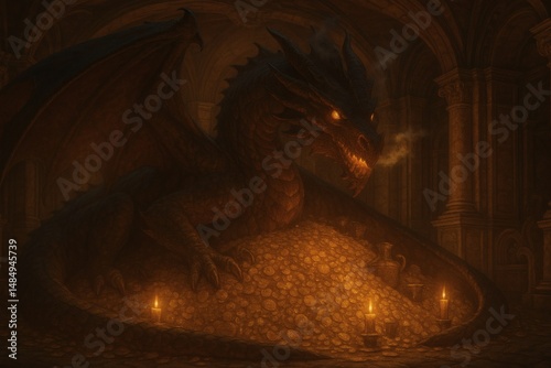 Majestic Fire-Breathing Dragon Guarding Ancient Gold Treasure in Baroque Vault - Epic Fantasy Illustration