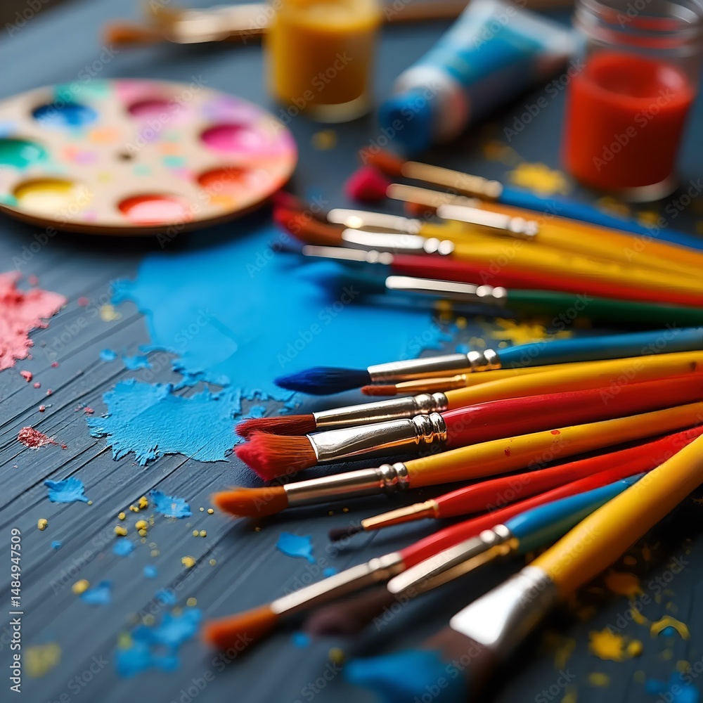 Colorful Artist Paintbrushes, Palette, and Paint Splatters on Wooden Table Colorful Artist Paintbrushes, Palette, and Paint Splatters on Wooden Table