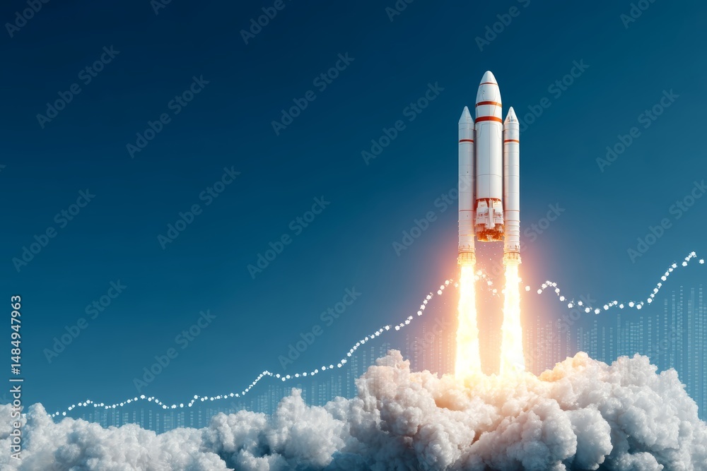Naklejka premium Startup and new project concept with white rocket flying up with dotted trajectory above light growth graph on blue background. 3D rendering 