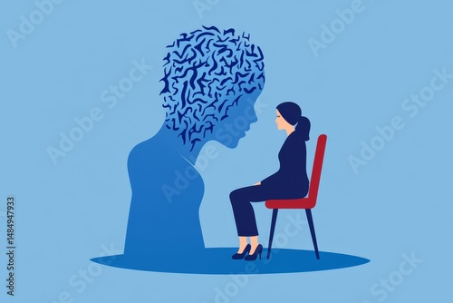 Woman sitting on chair facing a large blue silhouette with abstract pattern on head and shoulders