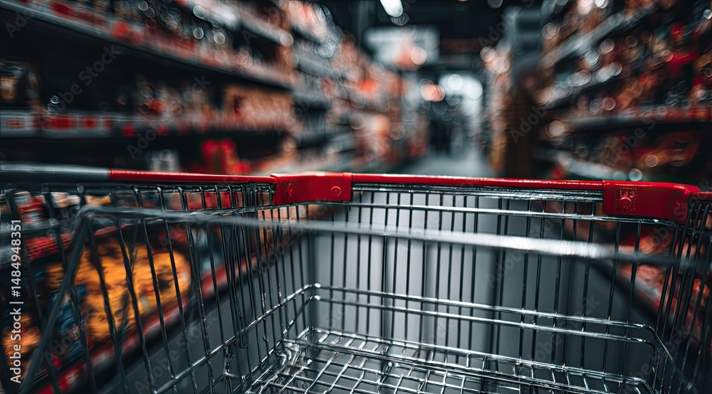 Empty shopping cart in a grocery aisle Empty shopping cart in a grocery aisle