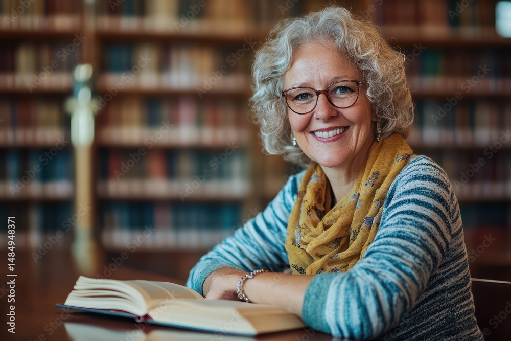 Smiling senior woman studying in library setting Smiling senior woman studying in library setting