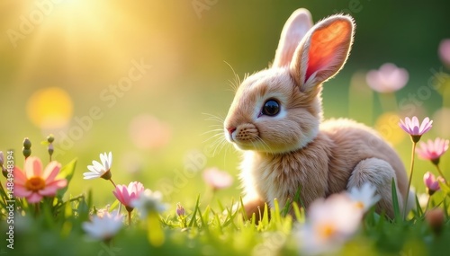 Close-up of a soft, plush toy rabbit nestled amongst delicate wildflowers, bathed in soft sunlight; conveying gentleness and whimsical imagination , hope, fluffy