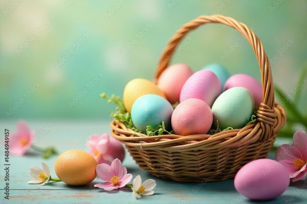 Colorful Easter eggs in a basket, spring flowers, pastel colors, festive, holiday , holiday, basket, detail Colorful Easter eggs in a basket, spring flowers, pastel colors, festive, holiday , holiday, basket, detail