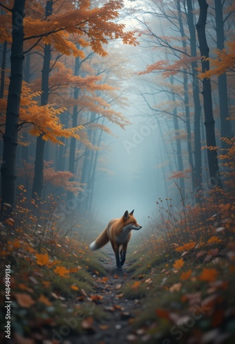 Fox walking through colorful forest in early morning fog, capturing autumn magic with soft light and mystical atmosphere Generative AI