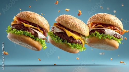 Three burgers with cheese and lettuce floating against a blue background.