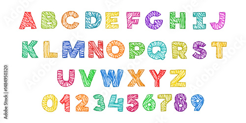 vector crayon font drawing set. Cartoon color clip art isolated on transparent background. Hand drown design element. 