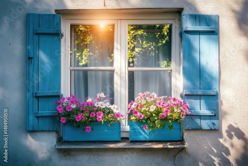 Vintage windows with spring flowers on sunny day