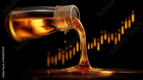 Black oil prices high jump Gold bars investment security wealth Pouring liquid with a rising graph in the background, symbolizing growth.