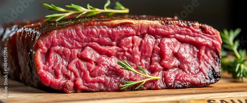 Close-up of dry-aged Wagyu porterhouse beef block, rich, fatty