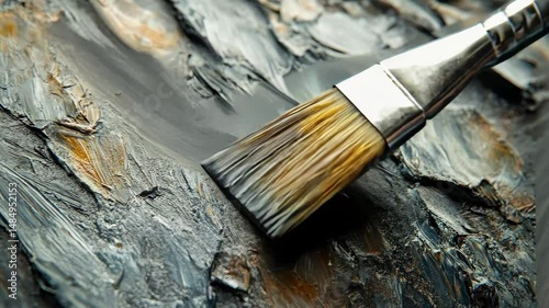 Textured paint strokes on rocky surface with an artist's brush creating intricate details, Closeup of textured paint strokes on rocky surface with paintbrush