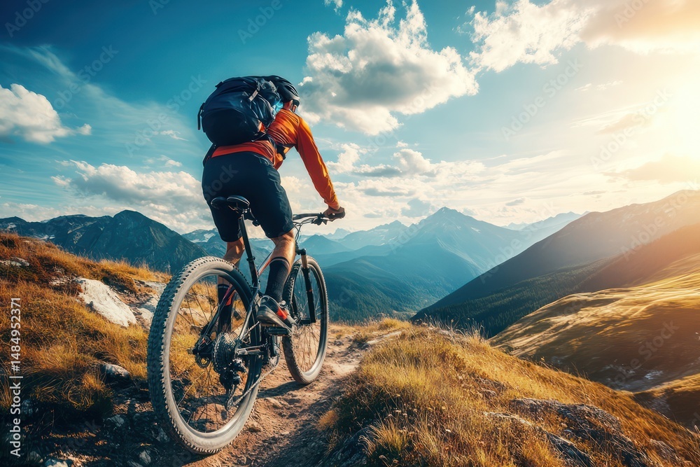Fototapeta premium Young man mountain biking on trail outdoors