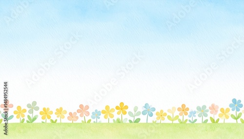 Colorful flower field in spring nature scene graphic art bright blue sky cheerful perspective vibrant environment