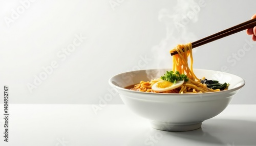 Steaming bowl of ramen, chopsticks, white backdrop, hot, japanese, broth