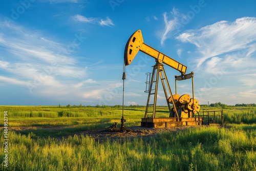 Crude oil pumpjack in green field under blue sky photo