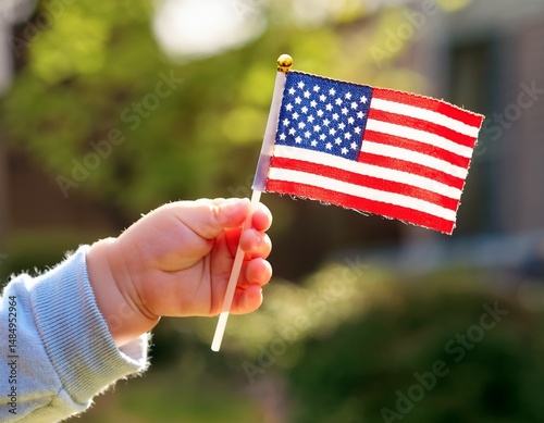 small toddler's hand holding a small usa flag