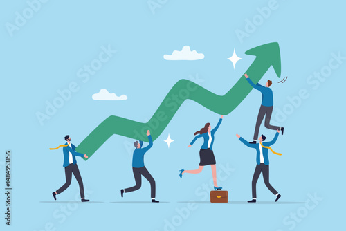 Teamwork support, collaboration for team success, colleague helping or effort to progress to achievement, cooperation, synergy concept, business people colleague help carry growing success arrow.