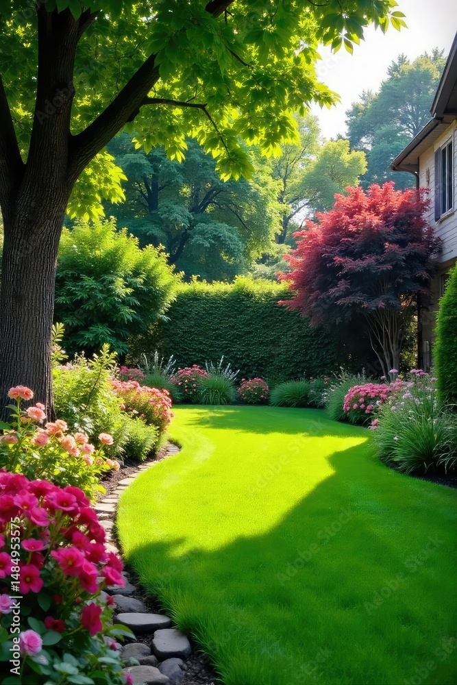 Obraz premium Serene backyard oasis featuring lush green lawn, blooming flowerbeds, and mature trees, creating a peaceful and inviting domestic landscape , residential, ecosystem