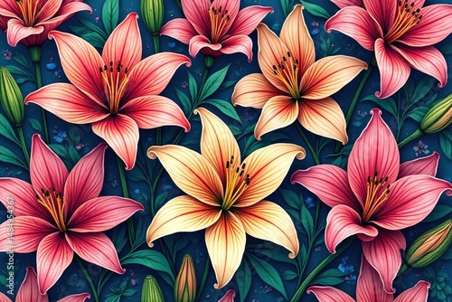 Intricate line art blooming lilies, continuous pattern, illustration, design element