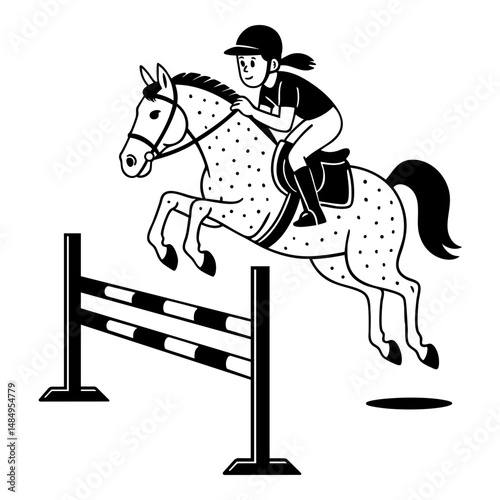 Girl riding a horse while jumping over an obstacle