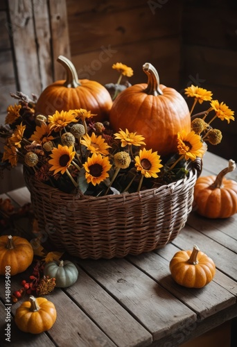 Close-up of pumpkins and autumn flowers arranged in a rustic basket on a wooden table, evoking a warm and cozy fall atmosphere Generative AI