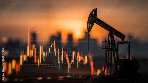 Black oil prices high jump Gold bars investment security wealth Oil pump jack silhouette against a sunset with financial graphs overlay.
