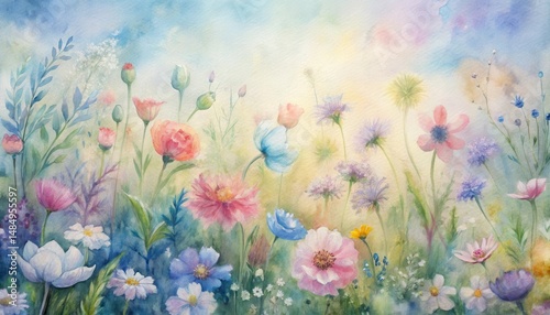 A vibrant watercolor painting of wildflowers in a dreamy, pastel-colored meadow under a soft, glowing sky.