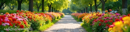 Vibrant flowerbeds bursting with color adorn a picturesque park pathway, creating a cheerful and inviting atmosphere Perfect for spring, summer, or general park ambiance imagery , petals, scenery