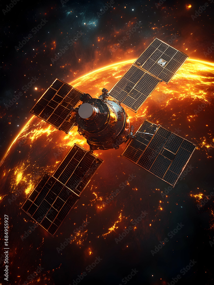 A satellite orbits a fiery, burning planet, its solar panels extended against a backdrop of deep space, depicting a scene of intense heat and cosmic destruction A satellite orbits a fiery, burning planet, its solar panels extended against a backdrop of deep space, depicting a scene of intense heat and cosmic destruction