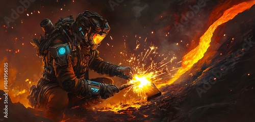 A rugged traveler in a tribal mechanical exosuit. 